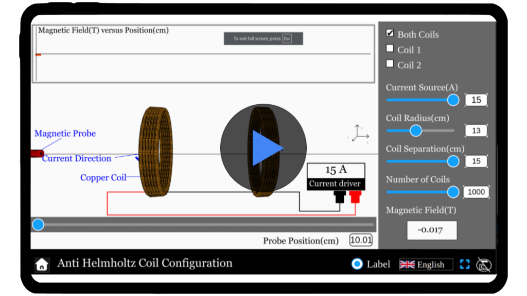 Simulator interface displaying anti-Helmholtz coils with adjustable current settings, showing the magnetic field gradient created between the opposing coils.