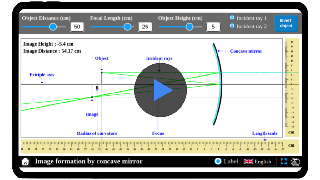 Simulator interface demonstrating image formation by a concave mirror. The virtual setup includes adjustable parameters for object position and mirror curvature, with real-time visuals of image characteristics (position, size, and orientation) as the object moves. Part of Explerify’s interactive science learning tools.