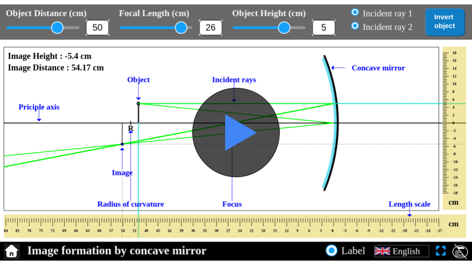 Simulator interface demonstrating image formation by a concave mirror. The virtual setup includes adjustable parameters for object position and mirror curvature, with real-time visuals of image characteristics (position, size, and orientation) as the object moves. Part of Explerify’s interactive science learning tools.