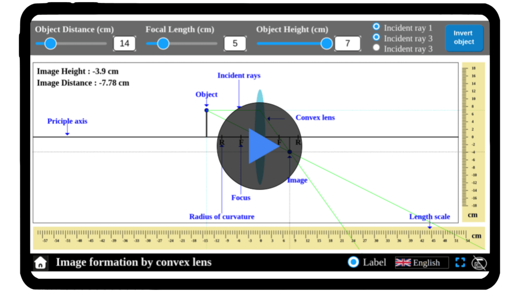 Simulator interface displaying image formation by a convex lens, with adjustable object position and lens curvature. Shows real-time changes in image characteristics, such as position, size, and orientation, as the object is moved. Part of Explerify's interactive learning tools.
