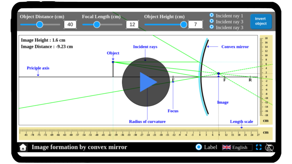 Simulator interface showing image formation by a convex mirror, with adjustable object position and mirror curvature. Visualizes the image characteristics, including position, size, and orientation, as the object moves. Part of Explerify’s interactive learning tools.