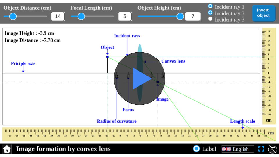 Simulator interface displaying image formation by a convex lens, with adjustable object position and lens curvature. Shows real-time changes in image characteristics, such as position, size, and orientation, as the object is moved. Part of Explerify's interactive learning tools.