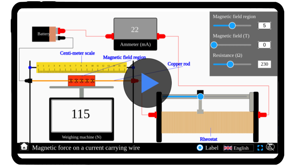 Simulator displaying a current-carrying wire in a magnetic field, illustrating the force acting on the wire with adjustable current and magnetic field strength.