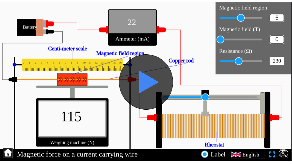 Simulator displaying a current-carrying wire in a magnetic field, illustrating the force acting on the wire with adjustable current and magnetic field strength.