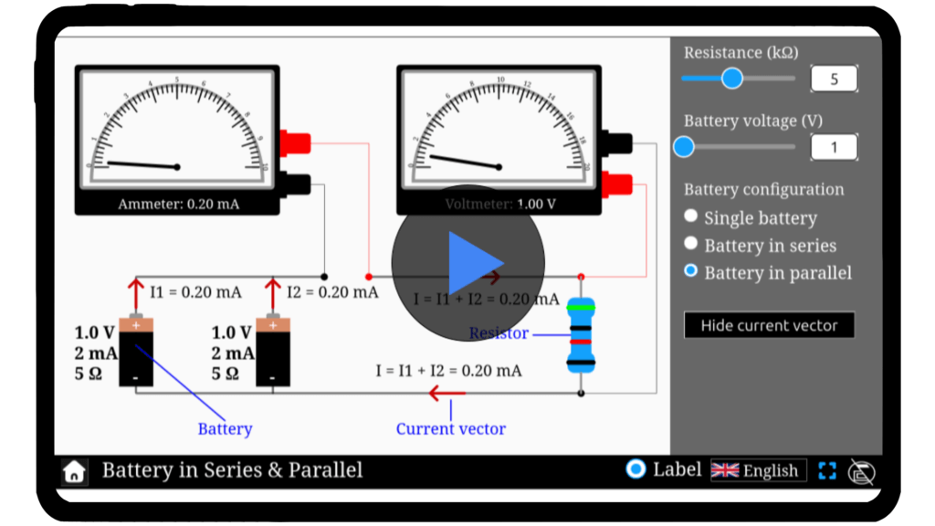 Diagram of battery configurations in series and parallel, showing voltage and current flow in a circuit.