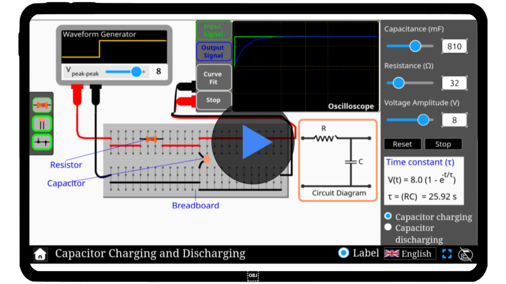 Interactive simulator demonstrating capacitor charging and discharging in a circuit.