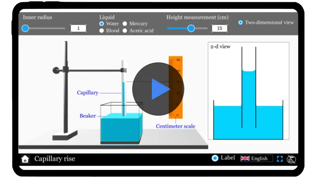 Capillary Rise Simulator demonstrating liquid behavior in a capillary tube.