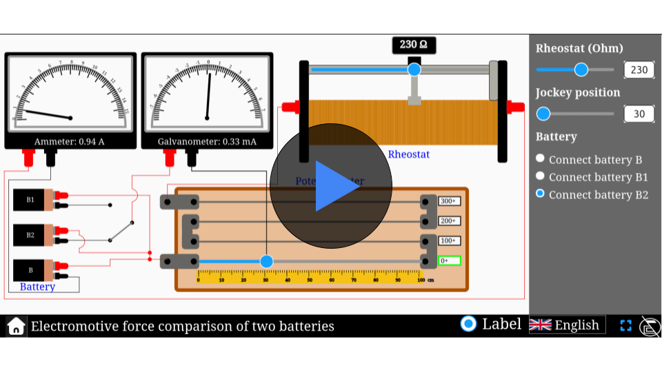 Potentiometer setup comparing EMF of two batteries.