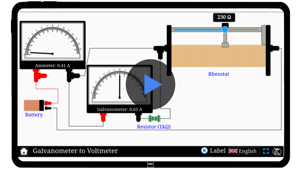 Interactive simulator demonstrating the conversion of a galvanometer to a voltmeter with circuit components.