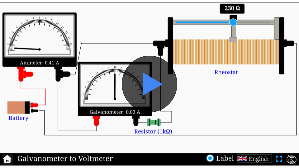 Interactive simulator demonstrating the conversion of a galvanometer to a voltmeter with circuit components.