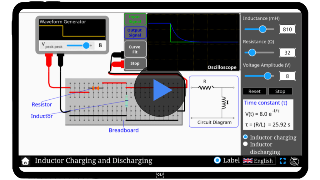 Interactive simulator showing inductor charging and discharging circuit dynamics.