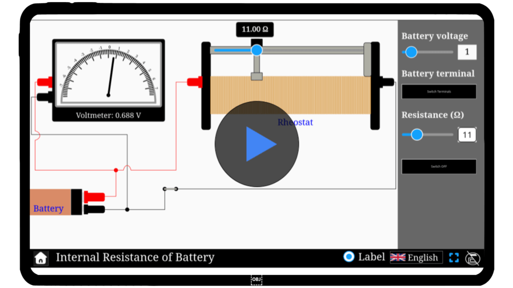 Interactive simulator demonstrating the internal resistance of a battery in an electrical circuit.
