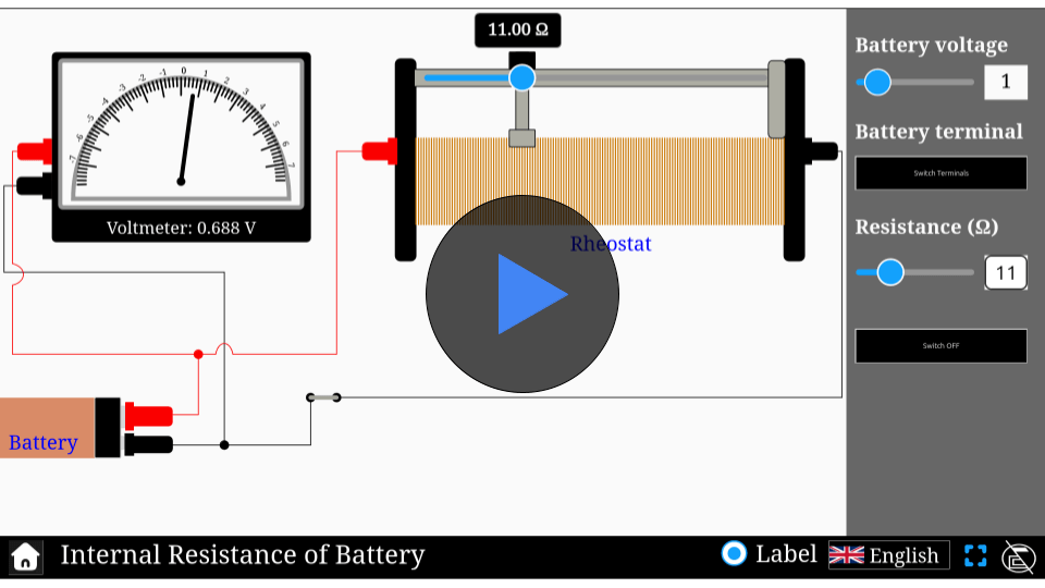 Interactive simulator demonstrating the internal resistance of a battery in an electrical circuit.