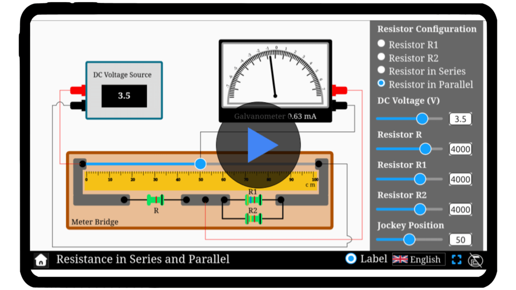 Interactive simulation showing resistance in series and parallel configurations with resistors.