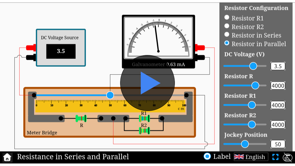 Interactive simulation showing resistance in series and parallel configurations with resistors."