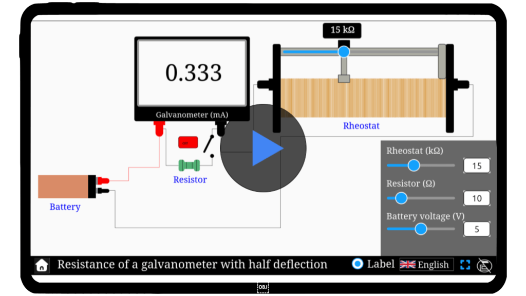 Simulator for measuring resistance of a galvanometer using the half-deflection method.