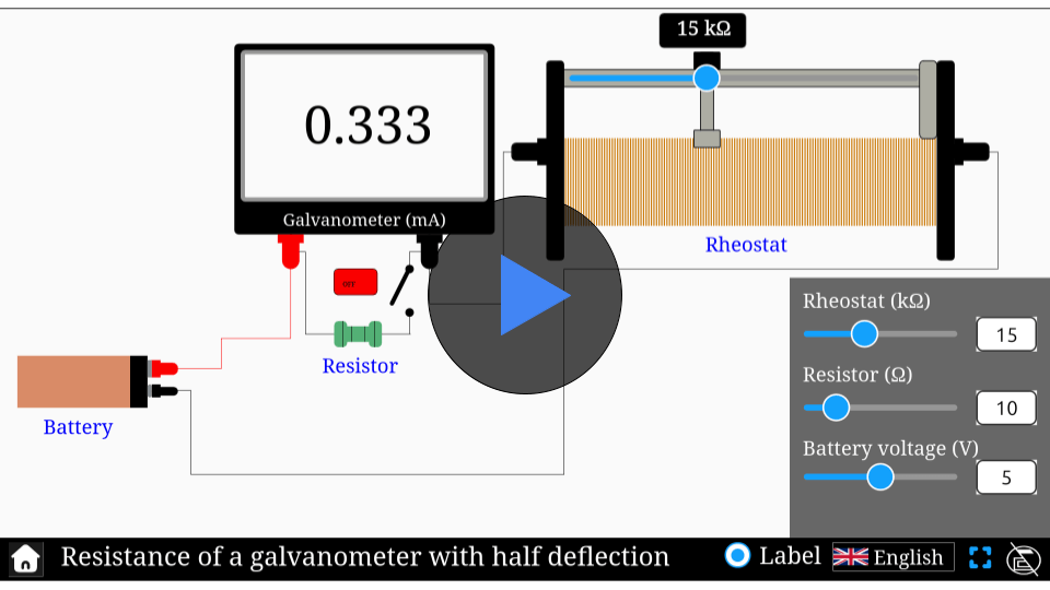 Simulator for measuring resistance of a galvanometer using the half-deflection method.