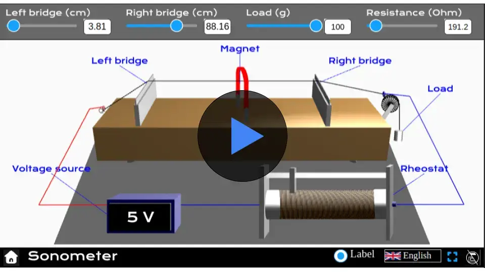 A sonometer simulator showing a vibrating string fixed between two bridges, a movable weight, and a scale for measuring tension and length.