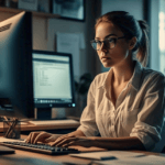 Woman using computer glasses while working