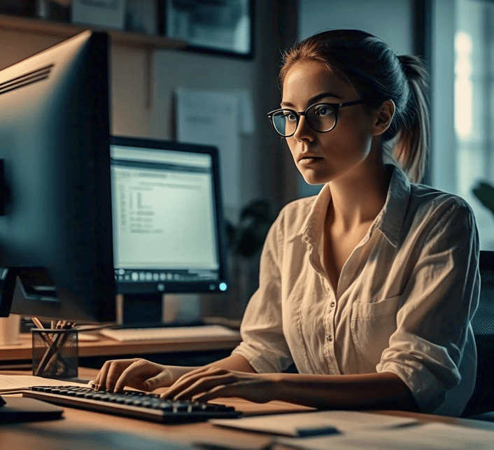 Woman using computer glasses while working