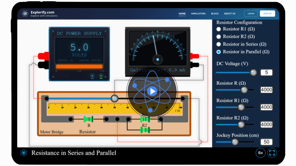 Interactive diagram showing resistors connected in series and parallel with labeled voltage, current, and equivalent resistance.