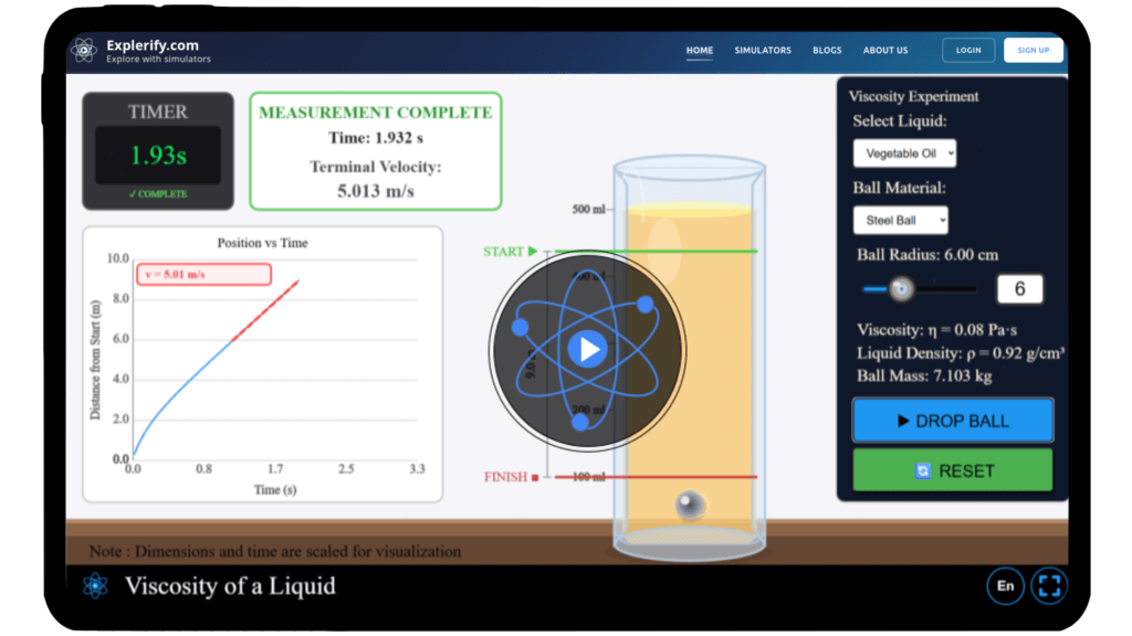 Ball drop experiment showing viscosity measurement of different liquids in an interactive simulator