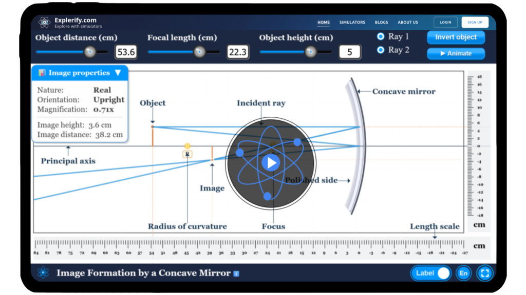 Interactive concave mirror simulation illustrating ray diagrams, focus, and image formation.
