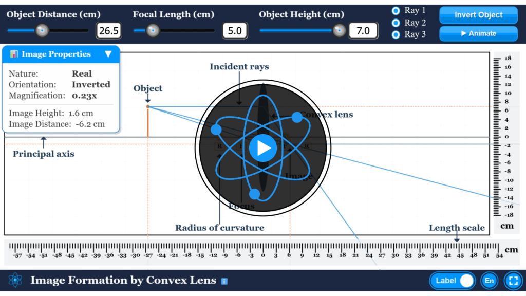 Convex lens simulator showing ray diagram and real image formation with object distance and focal length