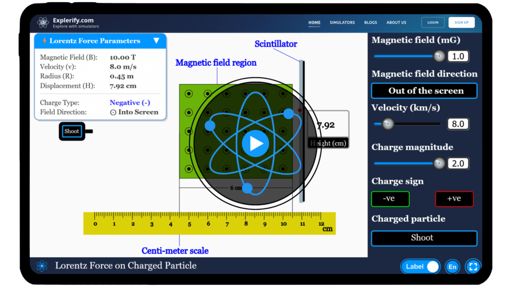 Lorentz force simulator showing motion of a charged particle in electric and magnetic fields