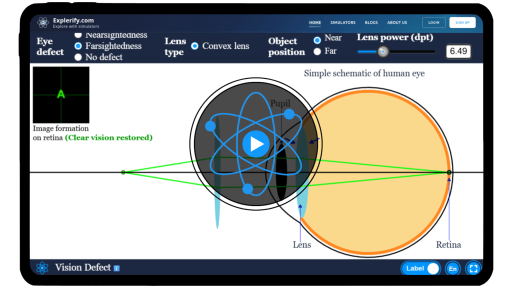 Human eye ray diagram showing vision defects and their correction.
