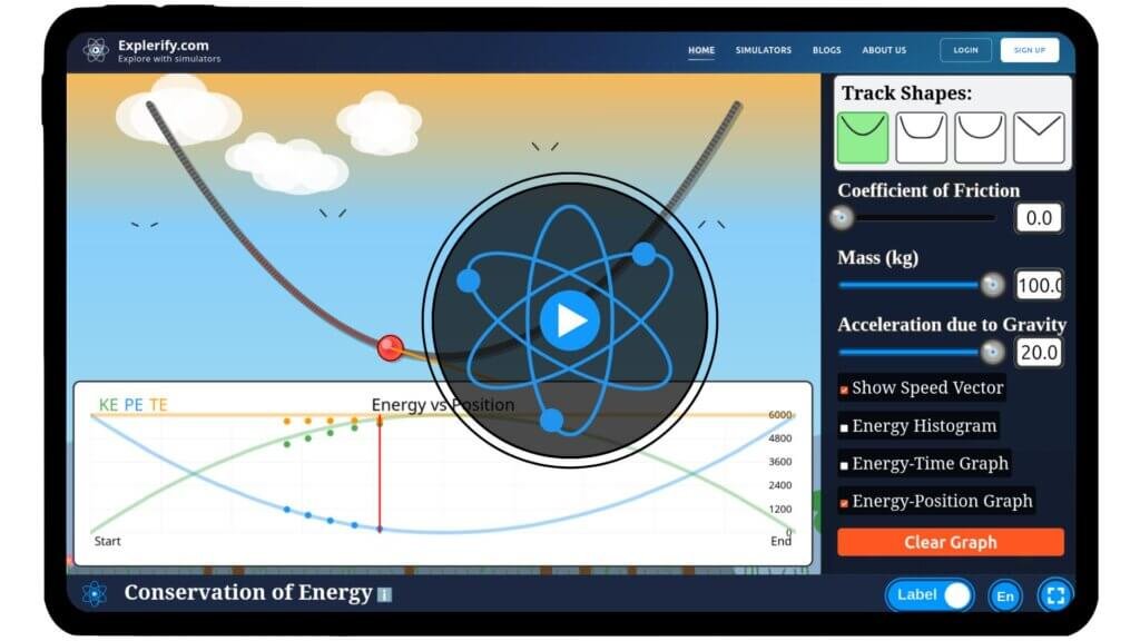 Interactive Conservation of Energy simulator showing kinetic and potential energy transformation in a pendulum.