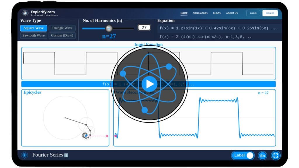 Fourier series simulation visualizing how simple waves add up to recreate a complex waveform