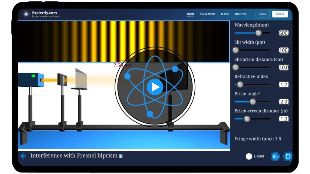 Fresnel biprism interference simulator showing bright and dark fringes formed by coherent light sources