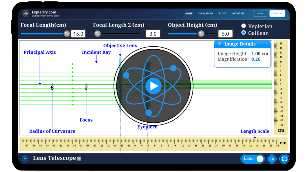 Interactive lens telescope simulator showing light passing through objective and eyepiece lenses to form a magnified image.