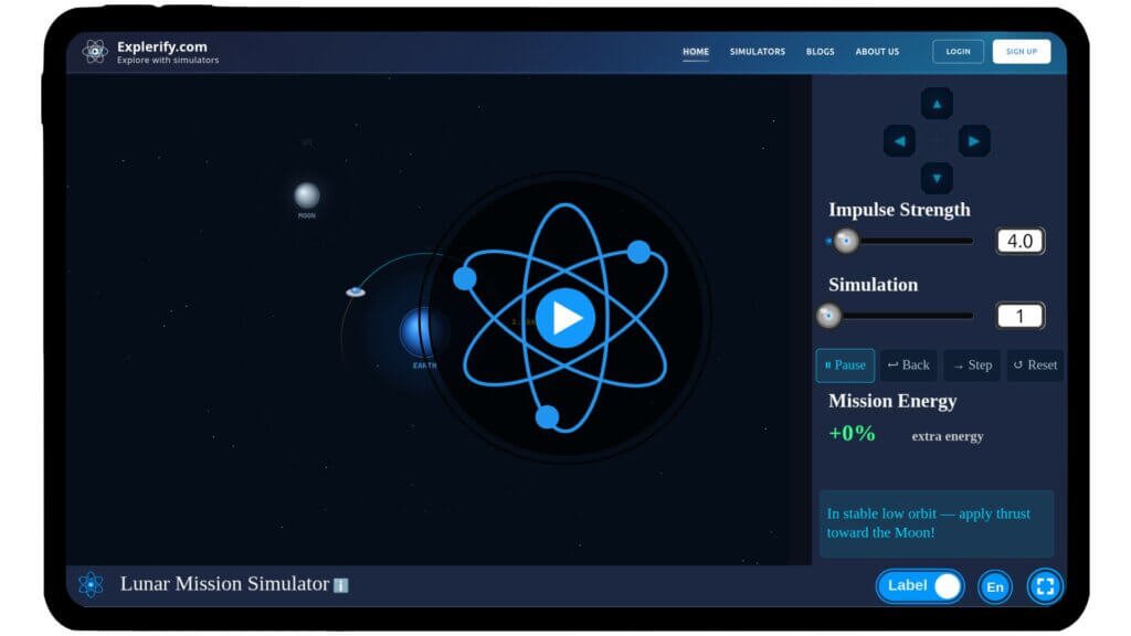 Interactive lunar mission simulator showing rocket launch, Moon orbit, and landing stages.