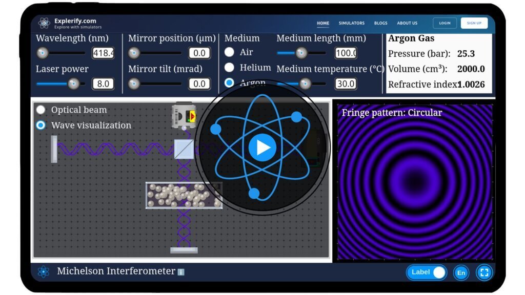 Interactive Michelson Interferometer simulator showing mirrors, beam splitter, and interference fringes.