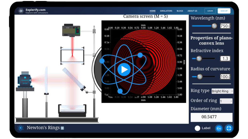 Newton’s Rings interference pattern simulator showing concentric light and dark rings
