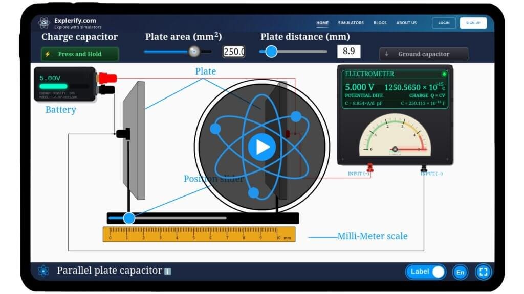 Parallel plate capacitor simulator with electric field lines between charged plates.