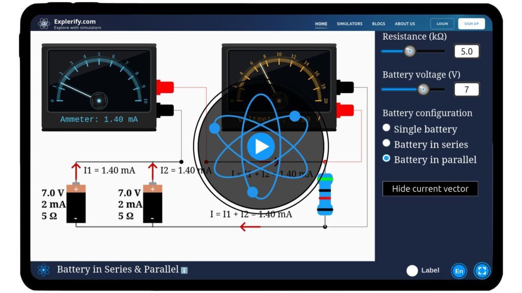 Interactive battery in series and parallel simulator showing voltage and current changes