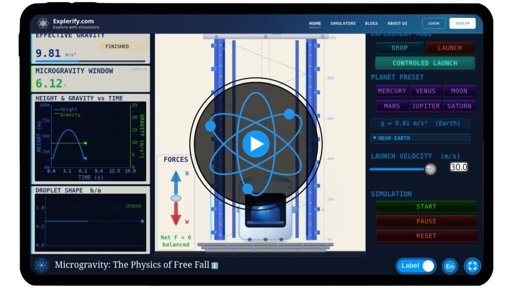 Objects in free fall demonstrating weightlessness in microgravity environment